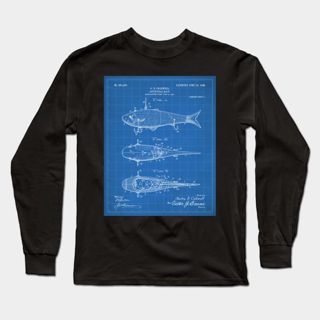 Fishing Lure Patent - Fisherman Outdoorsman Art - Blueprint Long Sleeve T-Shirt by patentpress